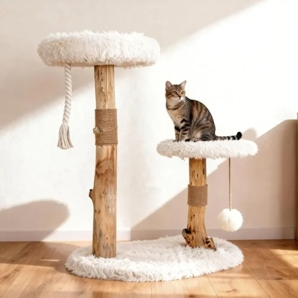 Natural Wooden Cat Tree with Sisal Scratching Post, Perches, Platform & Toy Ball