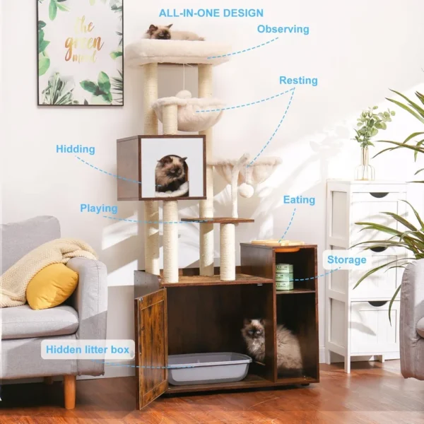 Cat Tower with Litter Enclosure and Feeding Stations
