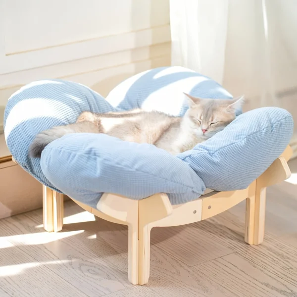 Raised Wooden Indoor Pet Bed with Soft Cushion